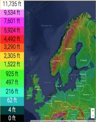 Figure 7: Map showing the topography of Northern Europe (Topographicmap.com, n.d.).